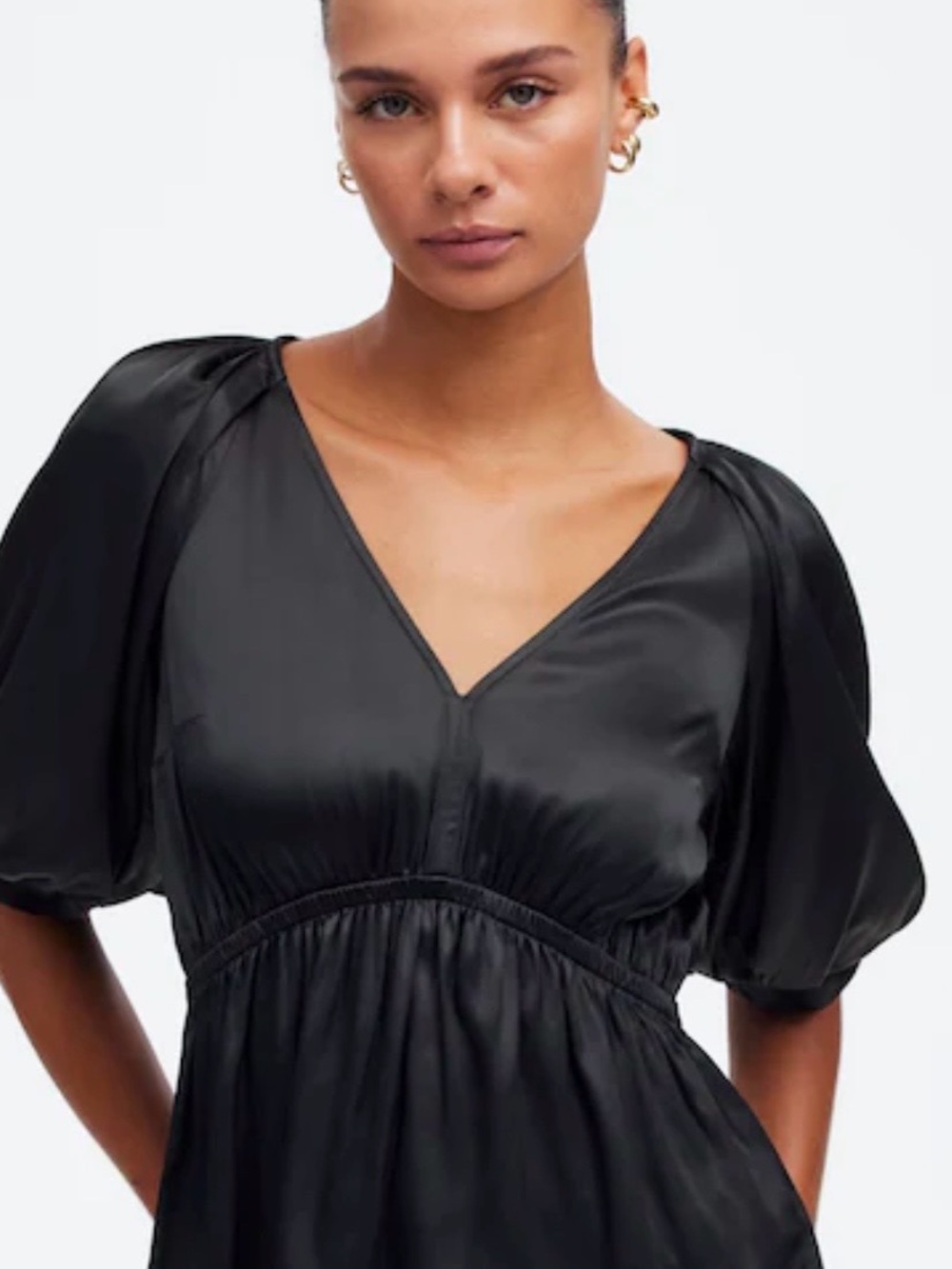 Madewell Satin V-Neck Puff Sleeve Dress - Black